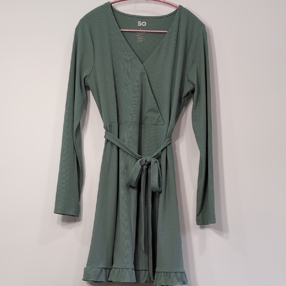 SO | Minimalist Teal Ribbed Long Sleeve Mini A-line Ruffle Dress Size L
